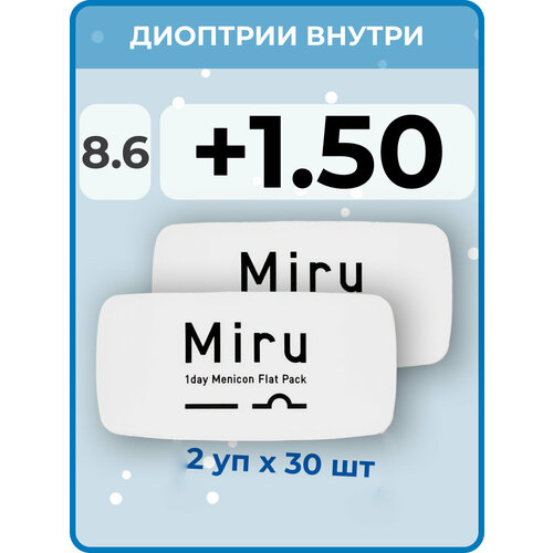 ���������� ����������� ���������� ����� Menicon Miru 1day Flat Pack, 60 ��., R 8,6, D +1,5, 2 ��.
