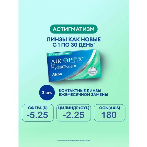 ���������� ���������� ����� �� ����� Alcon Air optix Plus HydraGlyde for Astigmatism., 3 ��., R 8,7, D -5,25,�CYL:�-2,25,�A�:�180