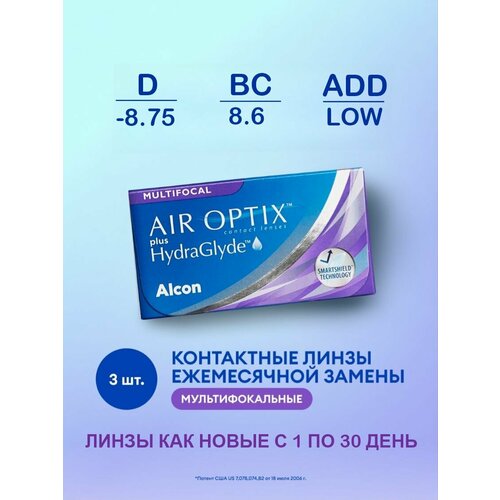 ���������� ���������� ����� �� ����� Alcon Air Optix Plus HydraGlyde Multifocal, 3 ��., R 8,6, D -8,75, ADD: ������, 1 ��.