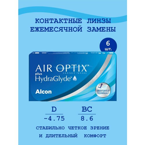 ���������� ���������� ����� �� ����� Alcon Air Optix Plus HydraGlyde, 6 ��., R 8,6, D -4,75, 1 ��.