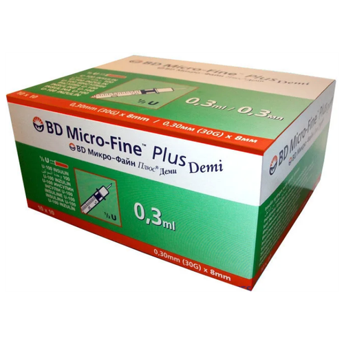 ���������� ����� ����������� BD Micro-Fine Plus Demi U-100 ����������������, 8 �� x 0.3 ��, ������: 30G, 0.3 ��, 100 ��.