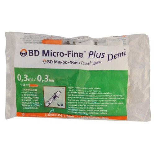 ���������� ����� ����������� BD Micro-Fine Plus Demi U-100 ����������������, 8 �� x 0.3 ��, ������: 30G, 0.3 ��, 10 ��.