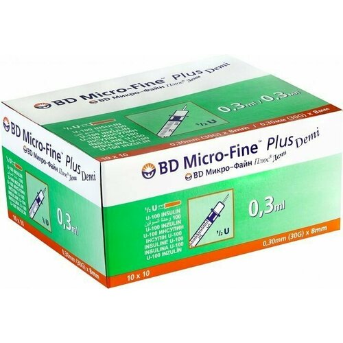 ���������� ����������� ����� 0.3 �� � ��������������� ����� U100 BD Micro-Fine Plus DEMI 30G 0,3 x 8 ��, Becton Dickinson 50 ����